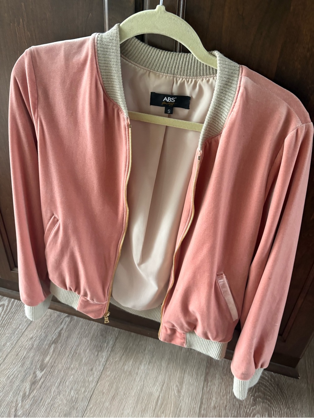 ABS Allen Schwartz Dusty Pink Bomber Jacket with Cream Trim